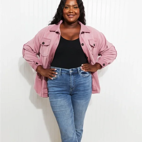 Light Rose Cozy in the Cabin Full Size Fleece Elbow Patch Shacket - Picture 4 of 10